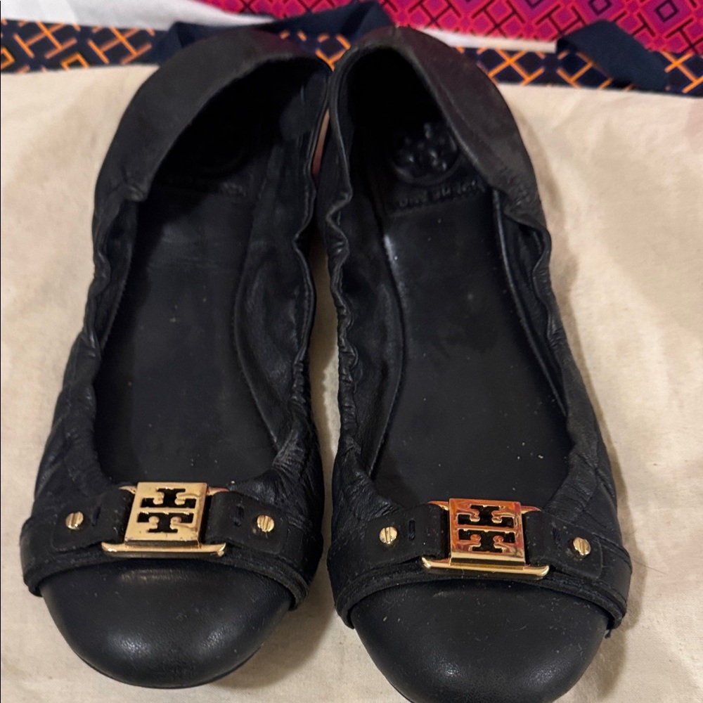 Tory Burch Black Flats with Gold Logo Accent